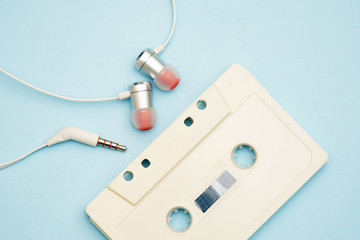 retro cassette from tape recorder with tape and records of the 80s and 90s