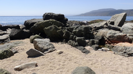 Landscape, rocky beach and seaside