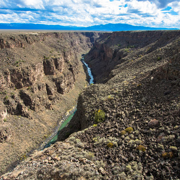 Rio Grande Gorge, looking south from the US Hwy 64 bridge over the 800' deep chasm, which lies on the Taos Plateau in New Mexico