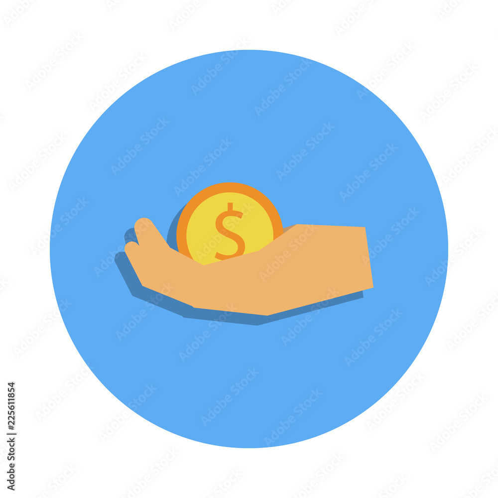 Poster hand holds a coin colored icon in badge style. one of banking collection icon can be used for ui, ux