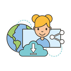 young woman cloud storage world share social media