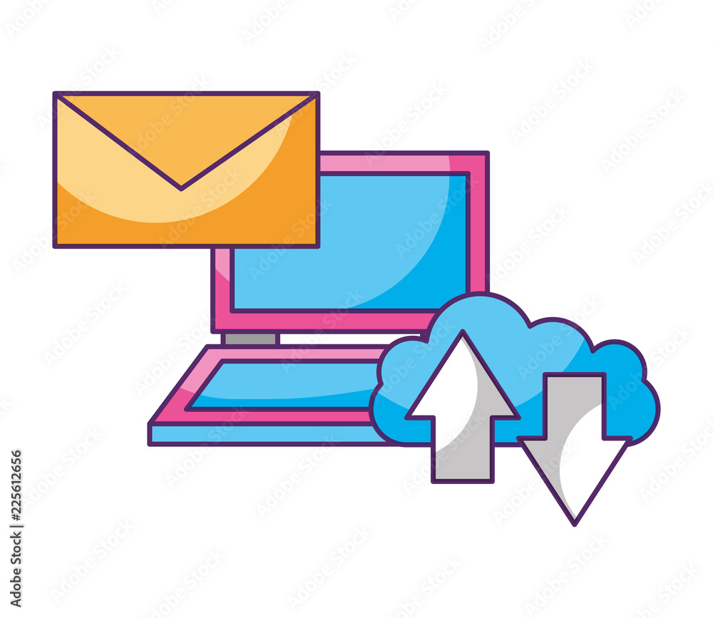 Poster laptop cloud computing email upload download data storage