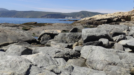 Landscape, rocky beach and seaside