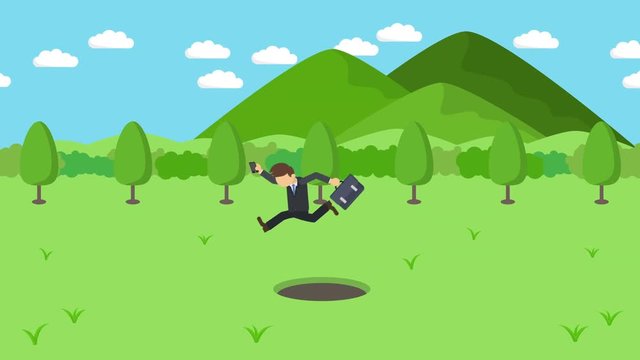 ビジネスマン 走る 穴 ジャンプ リスク 危険回避 山 イラスト ループ