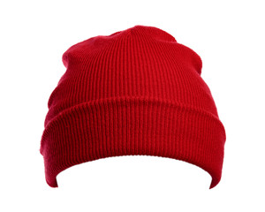 Red wool hat isolated on white background.