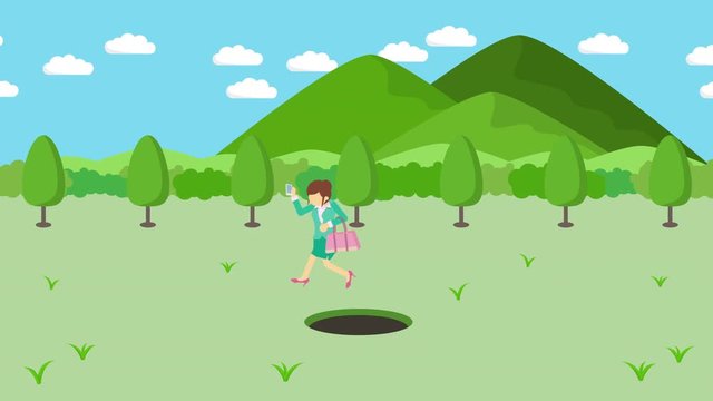 ビジネスウーマン 走る 穴 ジャンプ リスク 危険回避 山 イラスト ループ