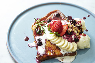 French toast with fruits and ice cream 