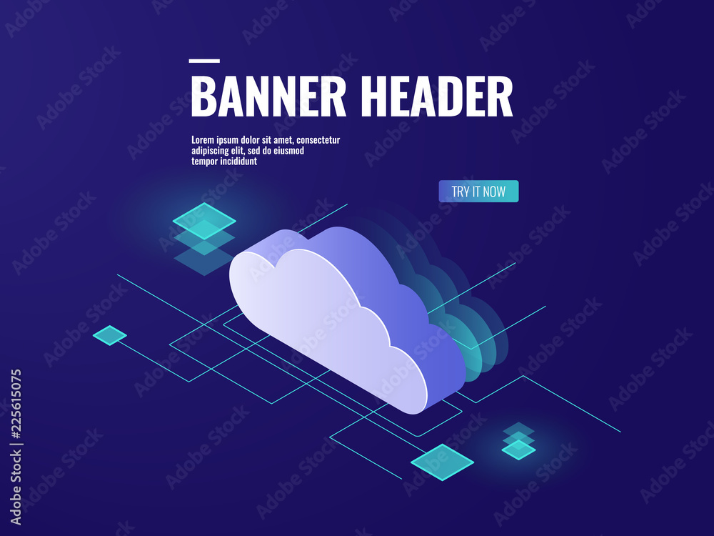 Poster data cloud storage technology isometric icon, server room, database and data center vector