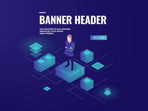 Futuristic background with man stay on the platform, business audit, data analysis and processing isometric vector