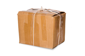 Old cardboard box tied with a rope
