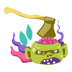 Zombie living creature with sharp ax in brain vector