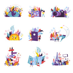 Travel bags and luggage, camera and people vector. 