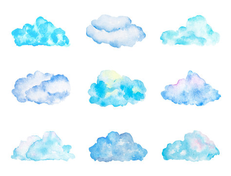 Set of Bright Light Blue Watercolor Clouds, Isolated on White, Hand Drawn and Painted