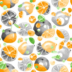 Vintage seamless pattern with watercolors - from tropical fruit, citrus spray, lemon, orange, lime, grapefruitpaint splash. Bright fashionable background. drawing on white background. 
