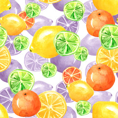 Vintage seamless pattern with watercolors - from tropical fruit, citrus spray, lemon, orange, lime, grapefruitpaint splash. Bright fashionable background. drawing on white background. 