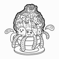 Cute monsters cartoon exploding from the coffee cup hand drawn doodles style for coloring book page and design element. Vector illustration.