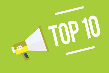 Conceptual hand writing showing Top 10. Business photo showcasing List of most demanding Trending songs movies shows online in order Megaphone green background important message speaking loud