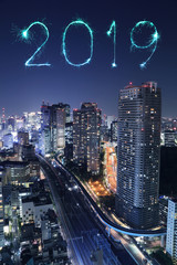 2019 Happy new year firework Sparkle with Tokyo at night, Japan