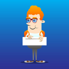 Schoolboy zipping a banner. Vector cartoon character illustration.