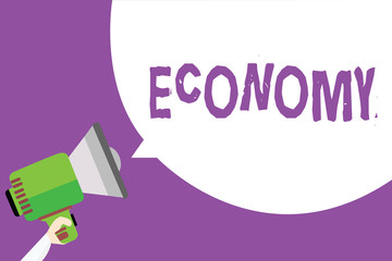 Word writing text Economy. Business concept for Management of financial resources Accounting information analysis Man holding megaphone loudspeaker speech bubble message purple background