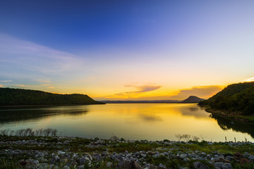 landscape view of Lam Mun Bon dam in twilight at Nakhon Ratchasima, Thailand