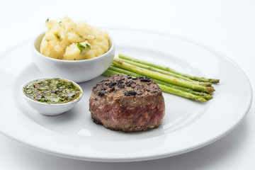 close  up view of nice yummy fresh steak on white back