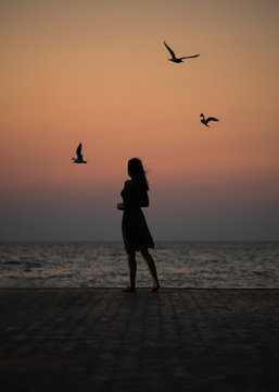 Silhouette of a girl on a sunset background (sunrise) on the sea, horizon line.