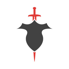 Abstract vector icon. Red and black shield and sword logo template.