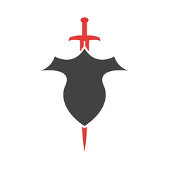 Abstract vector icon. Red and black shield and sword logo template.