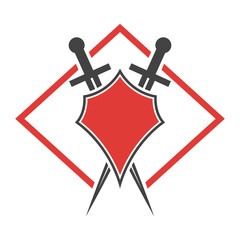 Abstract vector icon. Red and black shield and sword logo template.