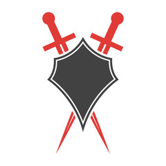 Abstract vector icon. Red and black shield and sword logo template.
