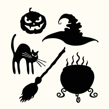 Witch hat, pumpkin lantern, cat, broom and cauldron stencil