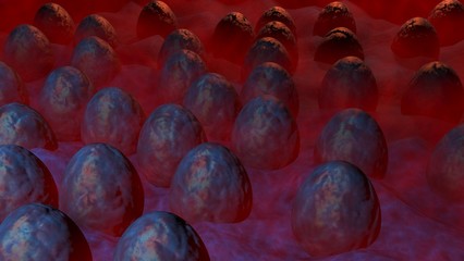 Alien eggs in mist. 3d render