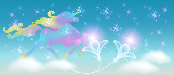 Fototapeta na wymiar Unicorn in the clouds sky with winding mane against the background of the iridescent universe with sparkling stars and flowers