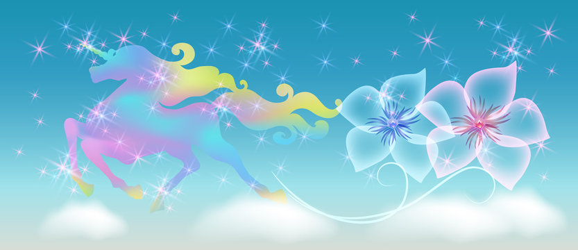 Unicorn in the clouds sky with winding mane against the background of the iridescent universe with sparkling stars and flowers