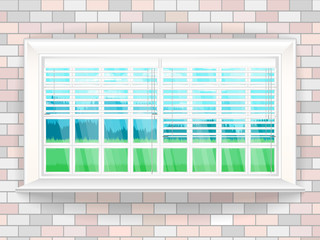 Illustration with window in realistic style a brick wall and the rustic landscape outside the window. Vector background.
