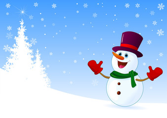 Cute joyful snowman welcomes. A snowman in a hat welcomes on a winter background 