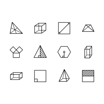 Simple set geometric figures vector line icon. Contains such square, cube, rectangle, hexagon, triangle, trapezium, angles and lines, degree of angle and other.
