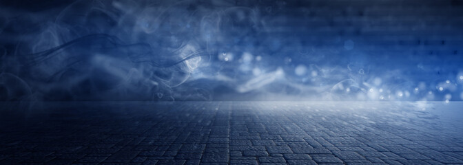 Background of an empty dark room, concrete floor, sidewalk tile, smoke, light from a spotlight