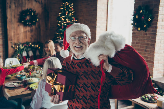 Nice adorable cheerful grey-haired grandparent in glasses and he