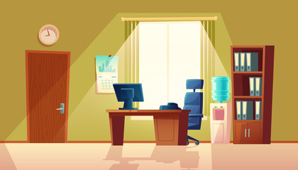 Vector cartoon illustration of empty office with window, modern interior with furniture. Computer on wooden table, folders in closet and black chair. Workplace concept, business area in room.