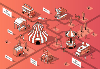 Vector 3d isometric food festival, courts and trucks. Circus in middle of square with shops. Mobile markets with canopy made in black thin lines. Urban concept, elements for map of town, marketplace.