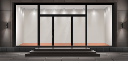 Vector illustration of storefront with steps and entrance door, glass illuminated showcase for presentations and museum exhibitions. Large shop window, empty fashion boutique or showroom with lights - obrazy, fototapety, plakaty