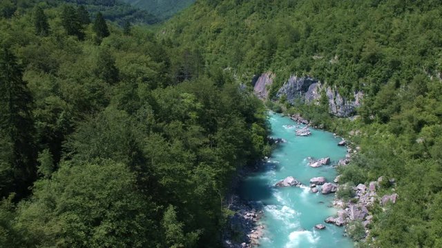 Aerial - Flying above Soča river in Slovenia