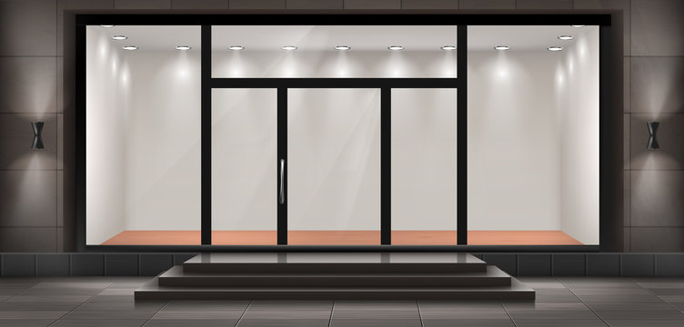Vector illustration of storefront with steps and entrance door, glass illuminated showcase for presentations and museum exhibitions. Large shop window, empty fashion boutique or showroom with lights