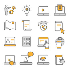 E-learning distance education flat line icons set. Editable Strokes.