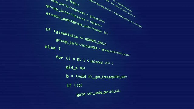 Side view from software source code parts with green characters. Programming code running down in terminal