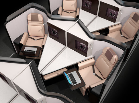 Luxury Business Class Suites Layout On Black Background.  Laptop Computers On Tray Table. 3D Rendering Image.