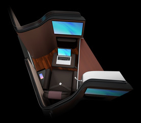 Luxury business class suite interior on black background. Smart phone recharging on side table. Laptop connected to the monitor by Wi-Fi. 3D rendering image.