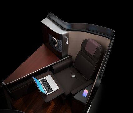 Luxury Business Class Suite Interior On Black Background.  Laptop Computer On Tray Table. 3D Rendering Image.